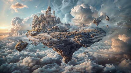 Majestic Floating Castle Above Clouds in a Surreal Sky at Sunset