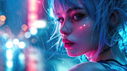 Close Up Portrait of a Stylish Young Cosplay Model with Blue Hair Looking at a Futuristic Cybernetic City with Neon Lights, Young Excited Female in a Cyberpunk Augmented Reality