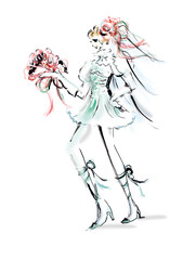 ミニスカートのウエディングドレスを着てブーケを差し出している横から見た女性