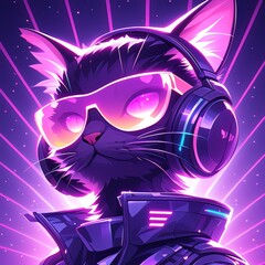 A cat with headphones with purple and neon colors, with lightning in the eyes, yellow rays of light emanate from behind the headlight glasses on a neon rainbow  a retro poster design 