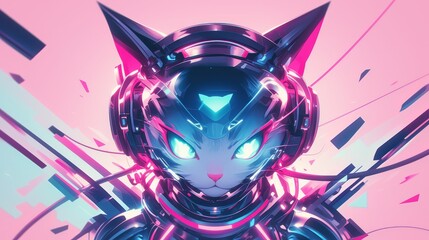 A cat with headphones, with purple and neon colors, glowing eyes