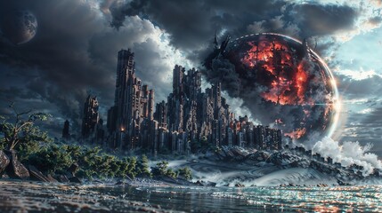 Dramatic Apocalyptic Sci-Fi Cityscape with Exploding Sphere and Ocean at Twilight