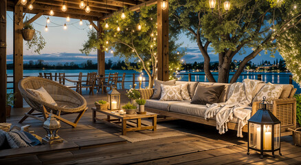 Cozy Lakeside Patio with String Lights, Evening Ambiance with Comfortable Furniture and Lanterns. Perfect Setting for Outdoor Gatherings and Parties