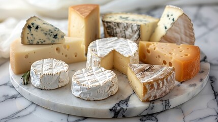 gourmet cheese display, assorted artisanal cheeses showcased on elegant marble platter, emphasizing premium food quality for gourmet enjoyment