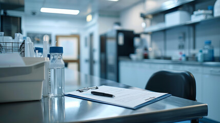 food quality assurance, lab coat hung on chair, clipboard pen on stainless table in food quality lab, focusing on detailed documentation in testing procedures