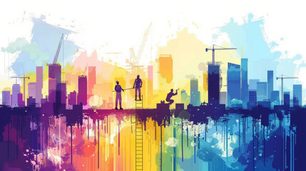 Artistic rendering of an urban construction scene with workers, skyscrapers, and vivid colors.