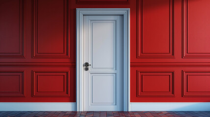 Closed White Door on red Wall, 3d rendering.
