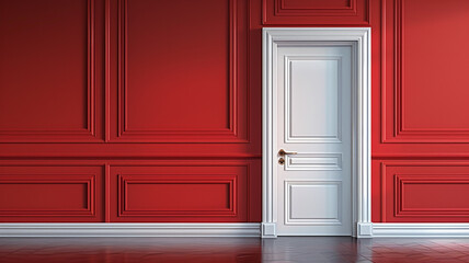 Closed White Door on red Wall, 3d rendering.