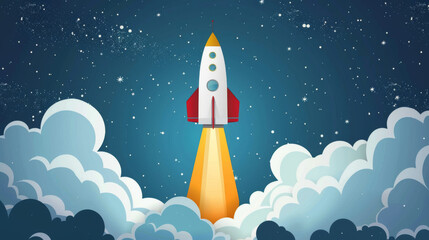 Illustration of a whimsical rocket blasting off into a dark blue starry sky surrounded by fluffy clouds.