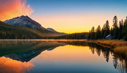 Fototapeta premium Dawn over the Serene Mountain Lake