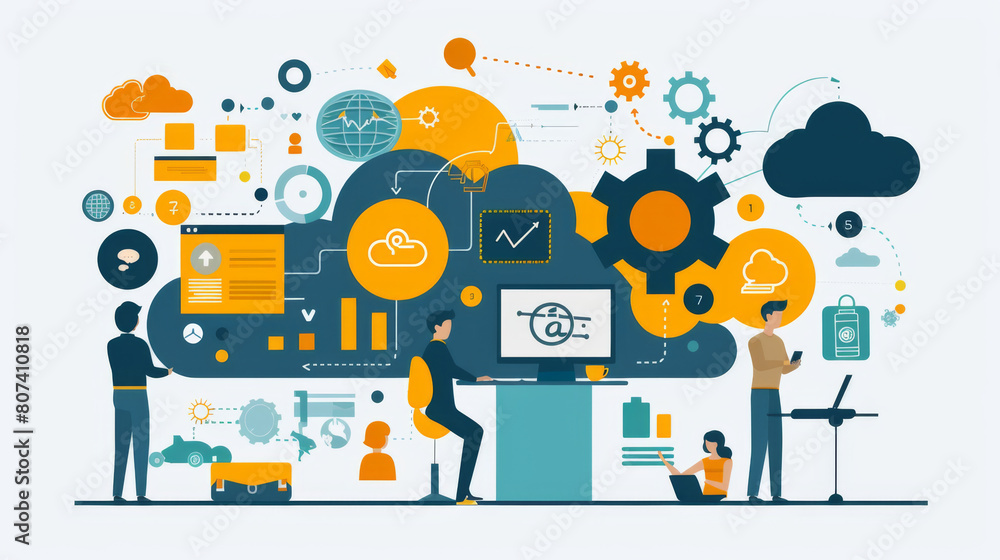 Aufkleber creative and dynamic illustration depicting a busy business environment with various collaborative e