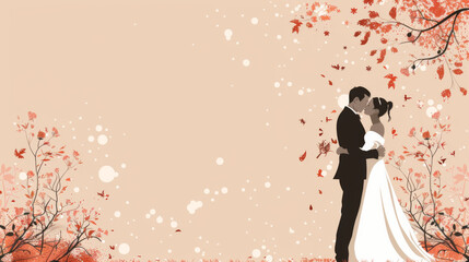 Obraz premium Illustration of a wedding couple embracing tenderly under a shower of autumn leaves, creating a romantic scene.