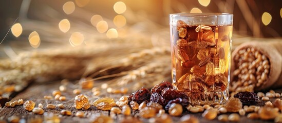 photo Glass of tasty kvass, raisins and wheat grains isolated