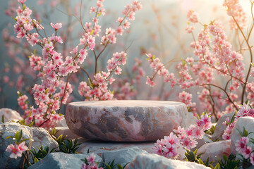 Empty stylish stone podium at spring blooming flowers 3D mockup background, beauty product presentation concept. Copy space platform for Cosmetics, perfume home goods fashion sales advertising stand.