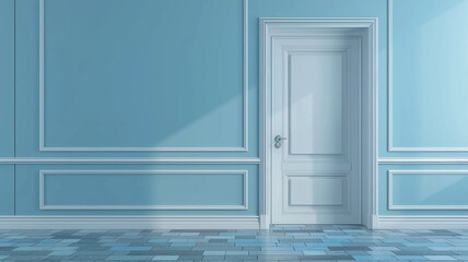 3D rendering light blue wall room with closed door.