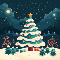 A festive winter scene featuring a beautifully decorated Christmas tree surrounded by gifts and a starry sky.