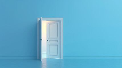 Open the door. Business concept. 3d render, white light inside open door isolated on blue background. Modern minimal concept.