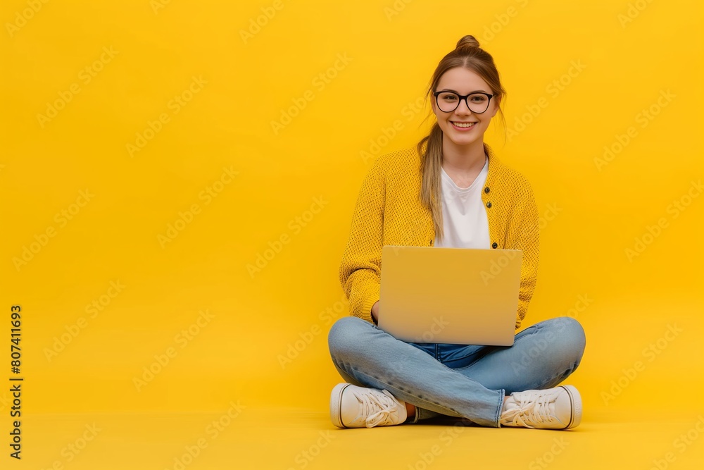 Poster smiling attractive young woman sitting on the floor wearing jeans with her legs crossed holding a la