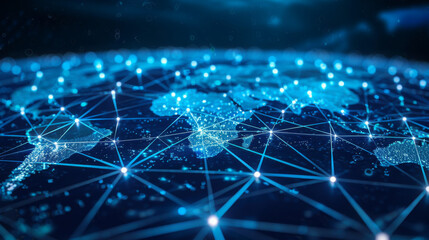 Obraz premium Abstract image of a digital global network with glowing blue nodes and connections.