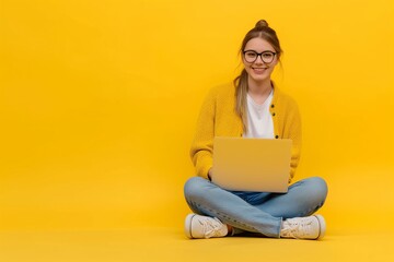 Smiling attractive young woman sitting on the floor wearing jeans with her legs crossed holding a laptop computer - Powered by Adobe