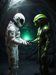 Naklejka premium Astronaut in a white suit handshake with a green alien.