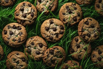 A bunch of chocolate chip cookies are on a green grassy field