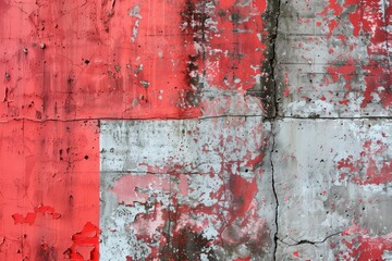 Abstract background of shabby concrete wall surface with bright red paint and weathered parts