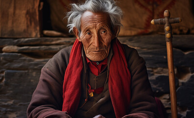 Portrait of a calm-faced elderly Tibetan man in a small Nepalese settlement. The man is sitting and looking at the camera. This image represents various ethnicities, cultures, and concept of travel