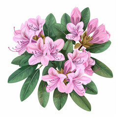 Vibrant pink rhododendron flowers arranged with lush green leaves isolated on a white background.