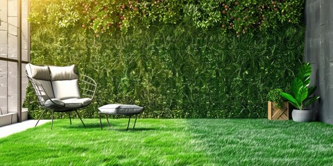 Tranquil Oasis: A Lush Green Lawn with a Black Bowl and Poolside Patio.