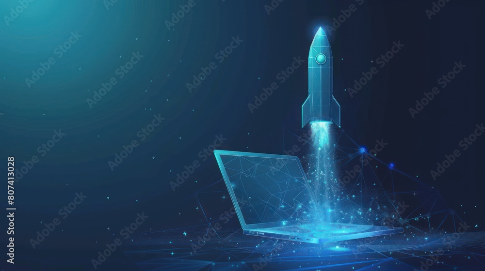 Poster abstract rocket launch from laptop. start up concept in low poly style design. blue geometric backgr