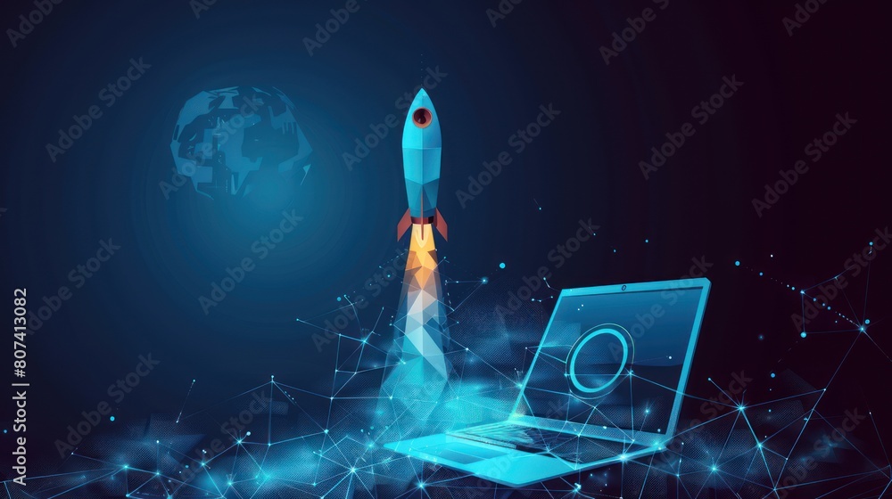 Poster abstract rocket launch from laptop. start up concept in low poly style design. blue geometric backgr