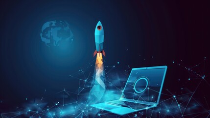 Abstract rocket launch from laptop. Start up concept in low poly style design. Blue geometric background. Wireframe light connection structure AI generated