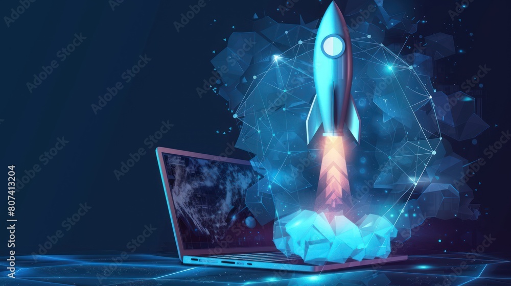 Poster abstract rocket launch from laptop. start up concept in low poly style design. blue geometric backgr