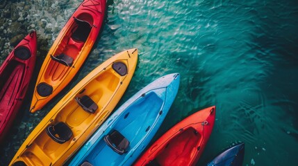 A group of vibrant kayaks floats atop a body of water, showcasing their bright colors under the clear sky. - Powered by Adobe