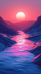 Sunset in the mountains. 3D rendering. Computer digital drawing. Verical background