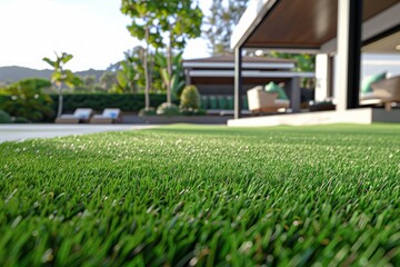 A lush green lawn with a pool and a patio area