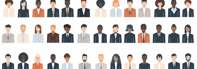 30 sets of business people icons, men and women with different skin colors in suits illustrated in vector form on a white background,