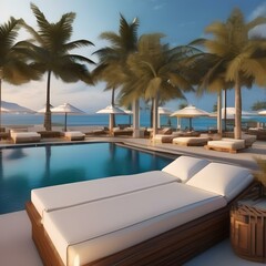 Obraz premium A luxurious beach resort with palm trees, cabanas, and a view of the ocean Relaxing and indulgent seaside retreat4