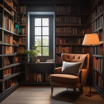 A cozy reading nook with a comfortable armchair, bookshelves, and a soft reading lamp Perfect for book lovers1