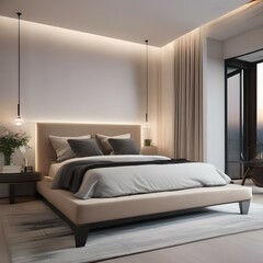 A modern bedroom with a sleek bed, minimalist decor, and soft lighting Contemporary and stylish interior design4