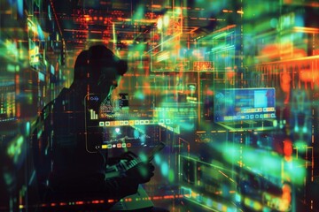 Screen of Inspiration: A Man Absorbed in a Mosaic of Images on his Computer Display.