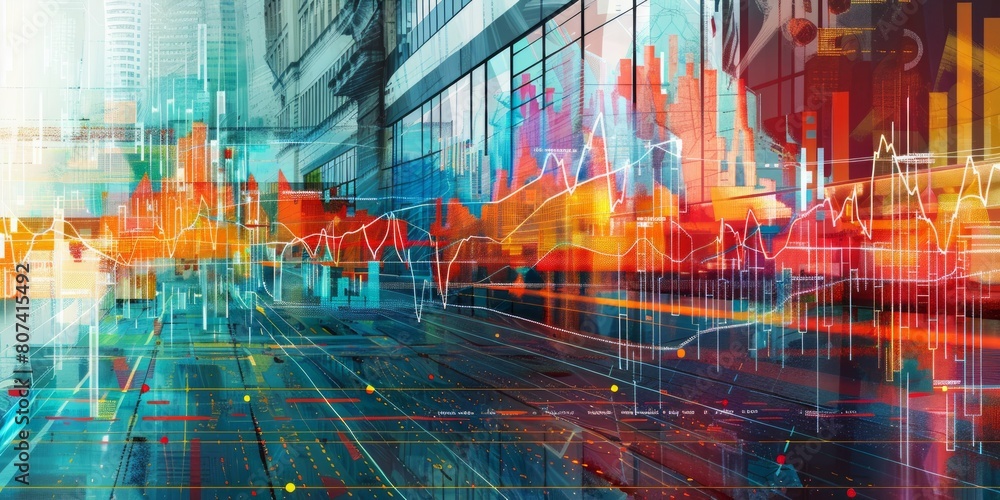 Poster pixelated skylines: a vivid cityscape displayed on a computer monitor, illuminating the digital real