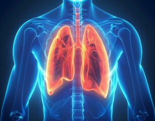3D human lungs on the chest, healthy breath and air flowing through it, medical illustration in the style of xray, cross section of man's body showing blue background with red highlighted lungs.