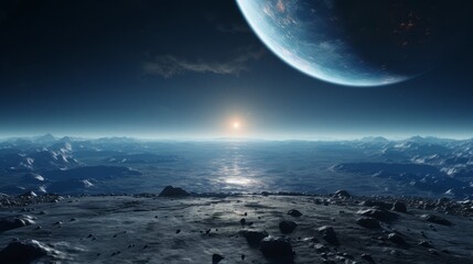Serene alien landscape with distant planet