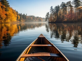 Serene autumn lake with wooden canoe