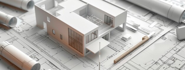3D illustration of an interior design drawing with a white model apartment on construction paper, using a compass and pencil in the style of blueprints and technical drawings.