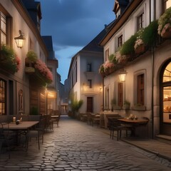Obraz premium A charming cobblestone street in a historic European town, lined with cafes and shops Old-world charm and beauty4