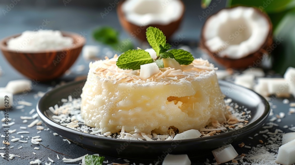 Wall mural coconut flake delight, delicious coconut dessert topped with shredded flakes, a tropical delight for all coconut enthusiasts