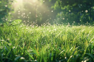 Obraz premium Nature's Afterglow: A Rain-Kissed Field of Grass, Sunlight Streaming Through the Trees.